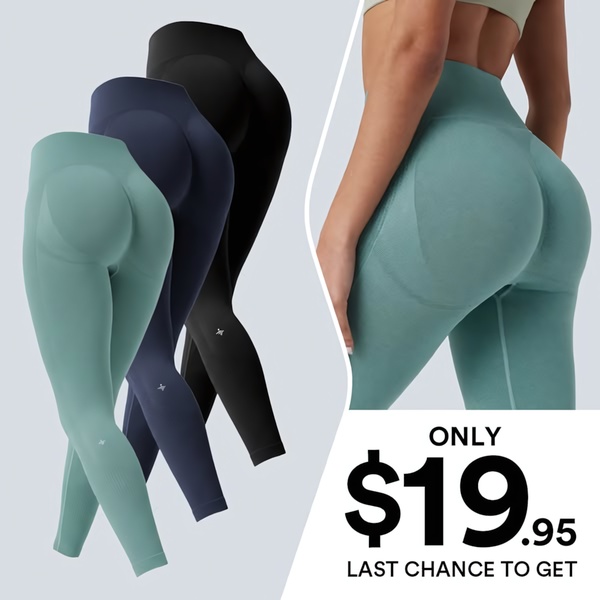 A split-view layout featuring three color variations of leggings alongside a close-up product shot and a large, bold price point.